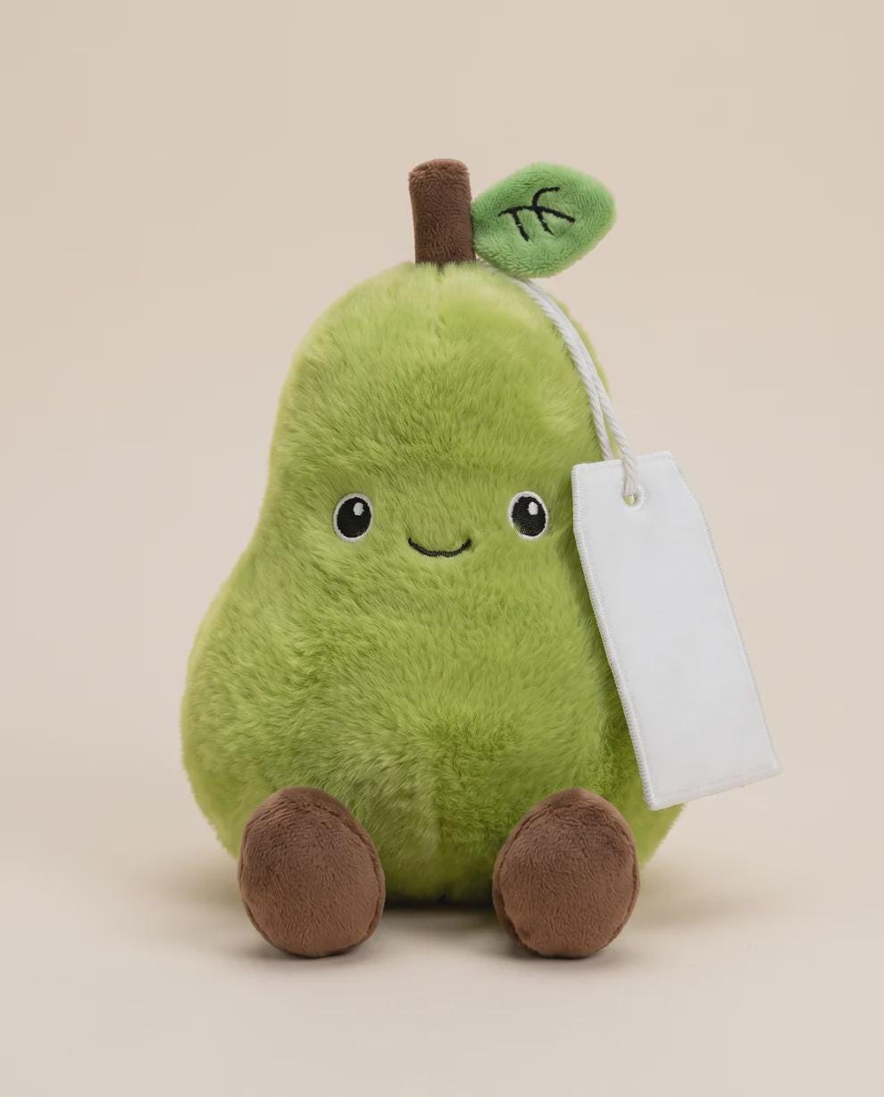 Percy the Pear plush with personalised printed tag
