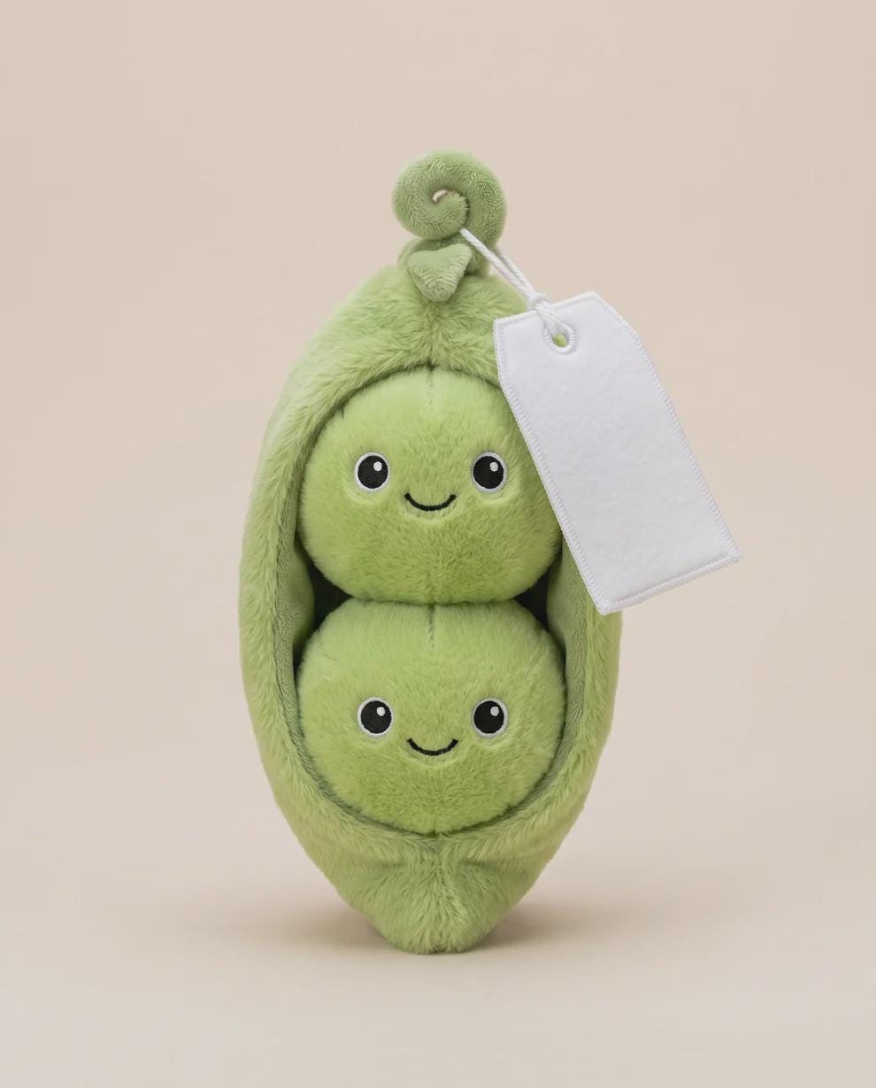 Pip & Polly Two Peas plush with personalised printed tag.”