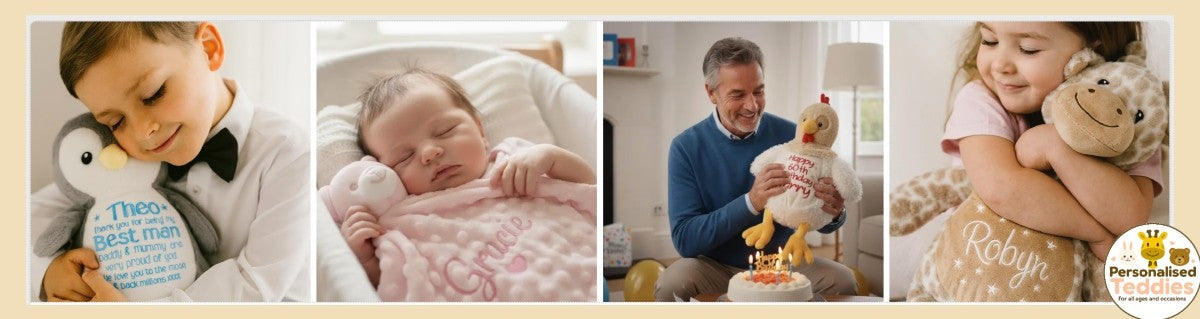 Collage of a young boy, baby, man, and girl with stuffed animals in a home setting.