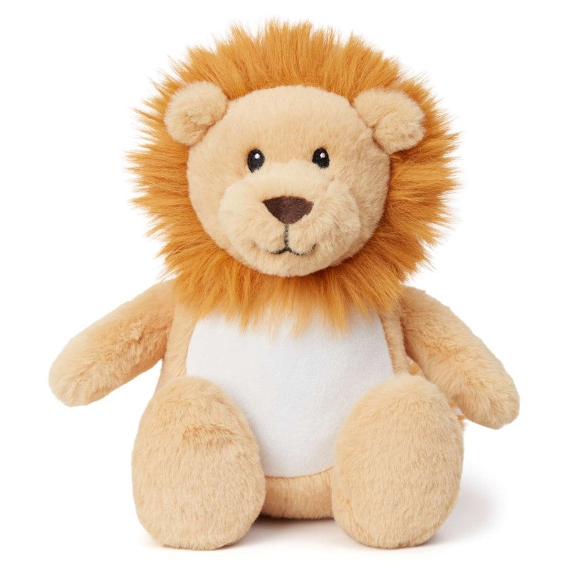 Plush lion toy with a white belly on a white background