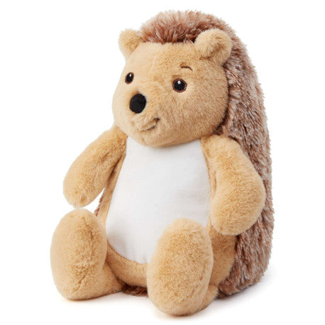 Plush toy hedgehog with a white belly on a white background