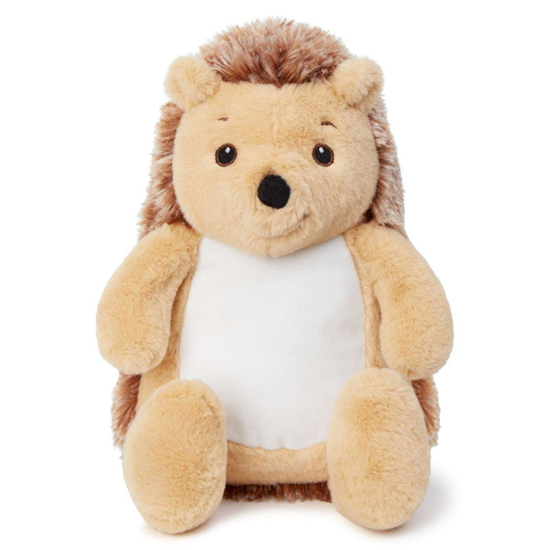 Plush toy hedgehog with a white belly on a white background